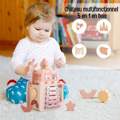 Château Montessori 5-en-1 en bois avec activités d’éveil pour bébé, jeu éducatif sensoriel développant la motricité fine et la concentration