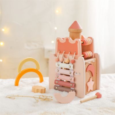 Château Montessori 5 en 1 en bois, jouet d’éveil sensoriel avec perles, formes et activités éducatives pour bébé