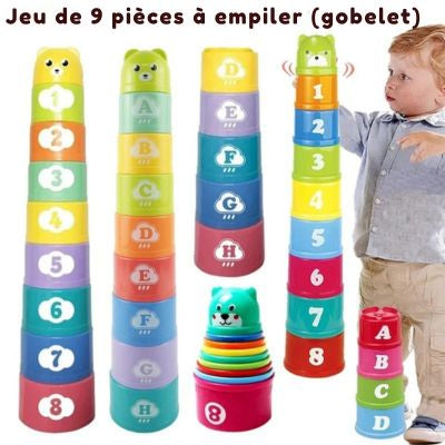 Jeu de 9 gobelets empilables Montessori avec chiffres et lettres, jouet éducatif pour bébé favorisant la motricité fine, l’apprentissage des nombres et la coordination
