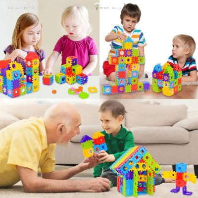 Enfants et adulte construisant ensemble avec des blocs de construction Montessori colorés, jeu éducatif favorisant la créativité, la logique et le partage en famille