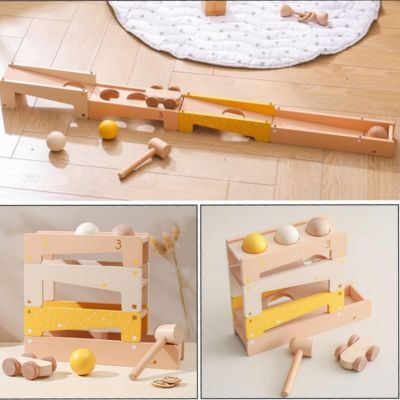 Jouet à balle à frapper FlexiBuild™ en bois avec circuit de roulement 2-en-1, marteau et billes, favorisant la motricité fine et la coordination chez l’enfant