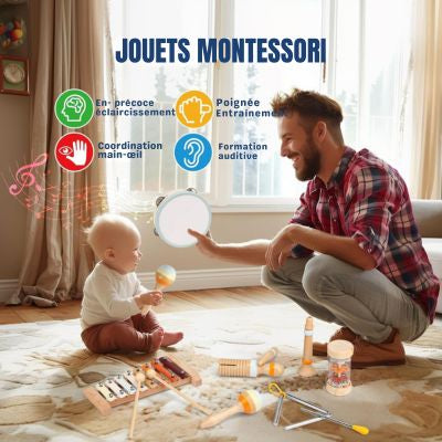 Jouets Montessori en bois pour bébé utilisés lors d’un moment parent-enfant, jeux d’éveil favorisant la coordination main-œil, la stimulation auditive, la motricité et l’éveil précoce
