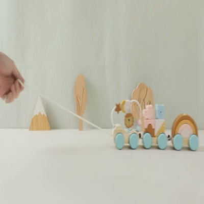 Train en bois d’éveil Montessori – Jouet à tirer & blocs empilables