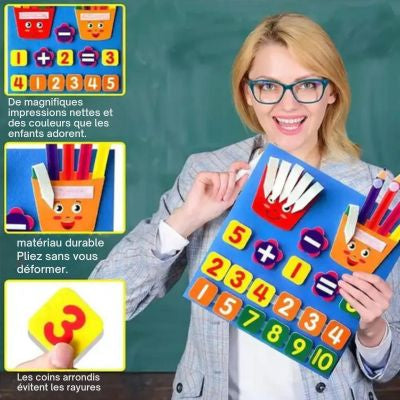 Tableau mathématique Montessori en feutre avec chiffres colorés, addition, soustraction et chiffres amovibles pour l’apprentissage ludique des enfants