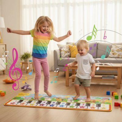 Enfants dansant et jouant sur un tapis de piano musical interactif, jouet éducatif favorisant l’éveil musical, la coordination et l’activité physique
