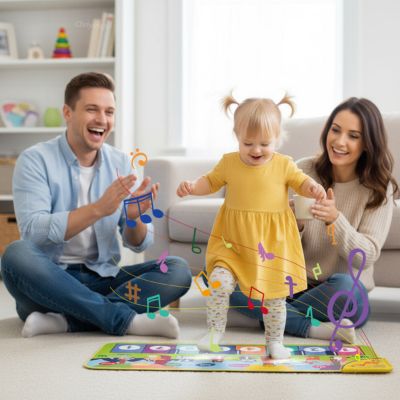 Enfant marchant sur un tapis de piano musical interactif entouré de ses parents, jouet éducatif favorisant l’éveil musical, la coordination et le partage en famille
