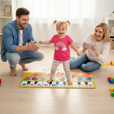 Enfant jouant et dansant sur un tapis de piano musical interactif avec ses parents, jouet éducatif favorisant l’éveil musical, la coordination et le jeu en famille

