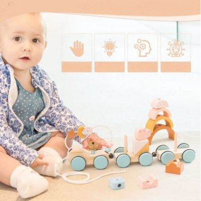 Train en bois d’éveil Montessori – Jouet à tirer & blocs empilables