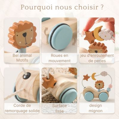 Train en bois d’éveil Montessori – Jouet à tirer & blocs empilables