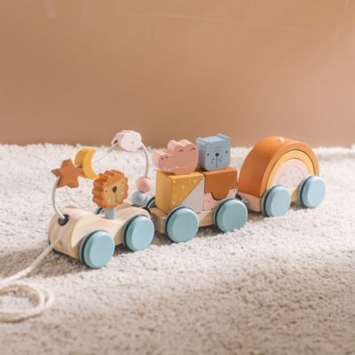 Train en bois d’éveil Montessori – Jouet à tirer & blocs empilables