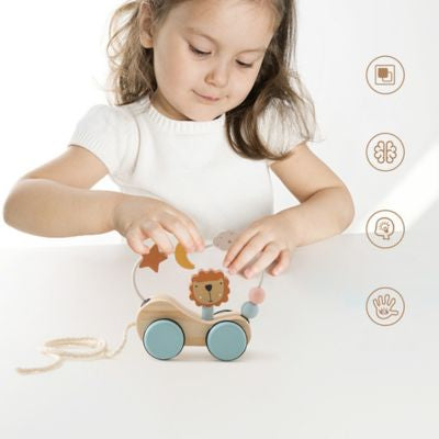 Train en bois d’éveil Montessori – Jouet à tirer & blocs empilables