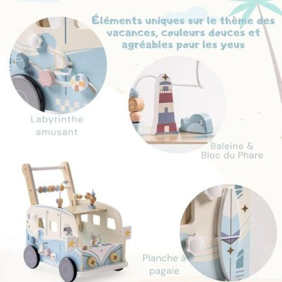 Trotteur en bois TravelBus pour bébé avec détails d’activités Montessori intégrées, jouet d’éveil comprenant labyrinthe, formes ludiques et éléments sensoriels favorisant la motricité fine
