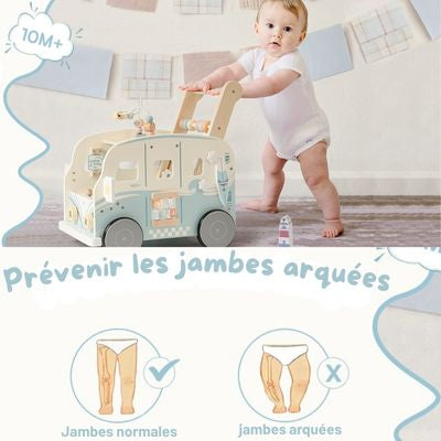 Trotteur en bois TravelBus pour bébé favorisant une posture correcte lors de l’apprentissage de la marche, jouet Montessori aidant à prévenir les jambes arquées et à renforcer l’équilibre
