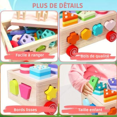 Voiture de tri Montessori en bois avec compartiment de rangement, bords lisses et pièces adaptées aux enfants, jouet éducatif sécurisé pour l’apprentissage des formes et couleurs
