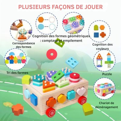Voiture de tri Montessori en bois proposant plusieurs modes de jeu éducatifs, jouet d’éveil favorisant la reconnaissance des formes, des couleurs, le comptage et la motricité fine
