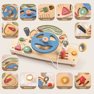 Volant Montessori DriveBoard en bois avec activités de conduite éducatives, boutons, leviers, clignotants et éléments sensoriels pour développer la motricité fine et la coordination
