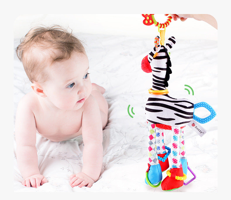 Hochet suspendu ZoolaShake pour bébé, jouet d’éveil sensoriel avec textures, sons et anneau de dentition favorisant la curiosité, la coordination et la motricité dès le plus jeune âge
